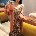 Long-sleeve Long Cardigan / Leopard Spaghetti Strap Dress