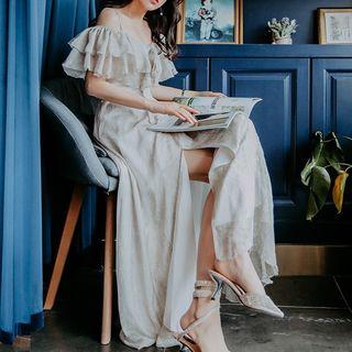 Dotted Ruffle Cold Shoulder Maxi A-line Dress