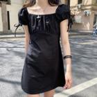 Plain Square-neck Short-sleeve Slim-fit Dress Black - One Size