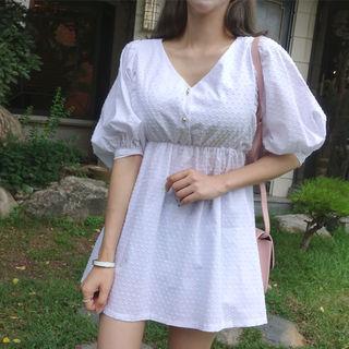 V-neck Puff-sleeve Textured Minidress