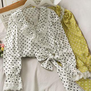 Lace-trim Ruffled Dotted Wrap Top