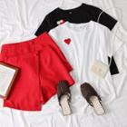 Set: Heart-print T-shirt + Asymmetric Shorts