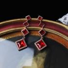 Rhinestone Square Dangle Earring 1 Pair - S925 Silver Steel - Gold Trim - Dark Red - One Size