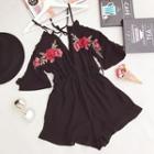 3/4-sleeve Floral Embroidery Playsuit