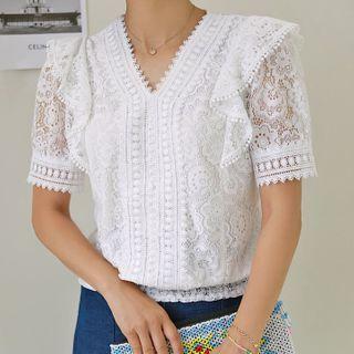 V-neck Ruffled Lace Blouse
