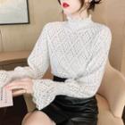 Mock-neck Ruched Long-sleeve Lace Panel Mesh Top