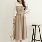 Contrast-yoke Band-waist Midi Dress