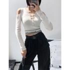 Off-shoulder Lace-up Crop Knit Top