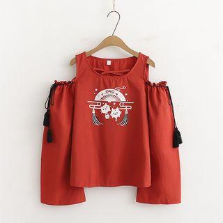 Long-sleeve Cold-shoulder Print T-shirt