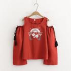 Long-sleeve Cold-shoulder Print T-shirt