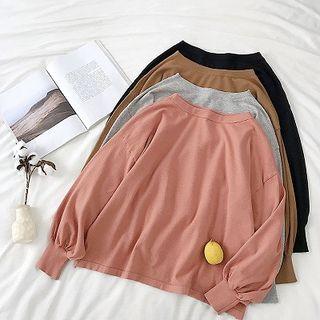 Plain Puff-sleeve Loose-fit Knit Top