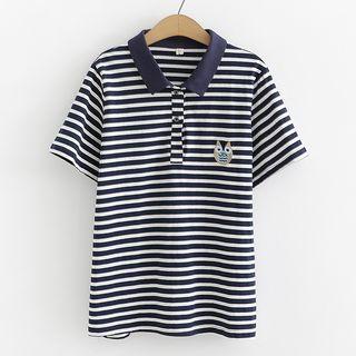 Short-sleeve Striped Embroidered Polo Shirt Navy Blue - One Size