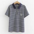 Short-sleeve Striped Embroidered Polo Shirt Navy Blue - One Size