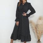 Long Sleeve Polka-dot Tie-front Dress