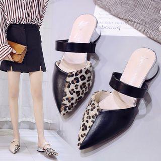 Leopard Print Panel Pointed Chunky Heel Mules