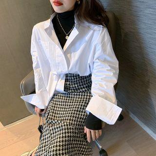 Plain Long-sleeve Shirt / Turtle-neck Top / Houndstooth Skirt