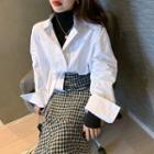 Plain Long-sleeve Shirt / Turtle-neck Top / Houndstooth Skirt