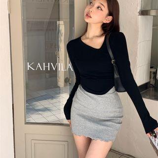 Long-sleeve Asymmetrical Neck Top / Mini Pencil Skirt