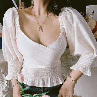 3/4-sleeve Shirred Frill Trim Blouse