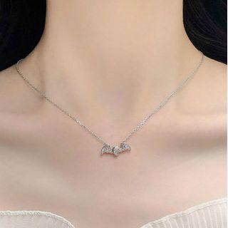 Rhinestone Bat Necklace Silver - One Size