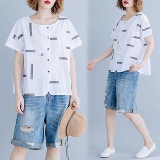 Printed Short-sleeve Blouse White - One Size