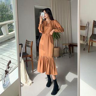 V-neck Ruffle-hem Dress With Belt