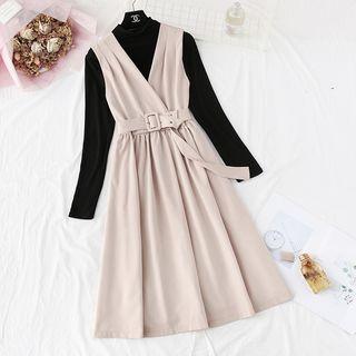 Set: Mock Neck Plain Top + Sleeveless Belted Waist Dress
