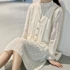 V-neck Knit Vest / Floral Long-sleeve A-line Dress / Set