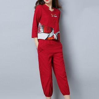 Set: Embroidered 3/4-sleeve Top + Cropped Harem Pants