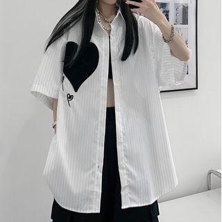 Elbow-sleeve Striped Heart Embroidered Shirt