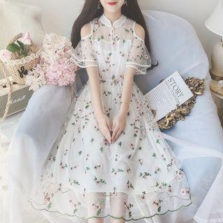 Cold-shoulder Floral Embroidered Mesh Midi A-line Dress