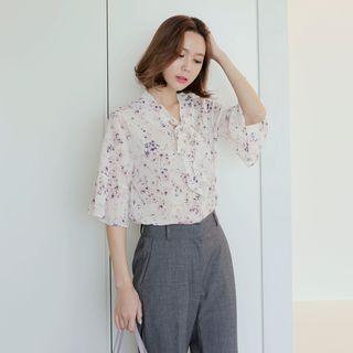 Tie-neck Bell-sleeve Floral-pattern Blouse