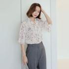 Tie-neck Bell-sleeve Floral-pattern Blouse