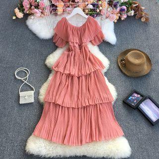 Off-shoulder Layered Midi A-line Dress