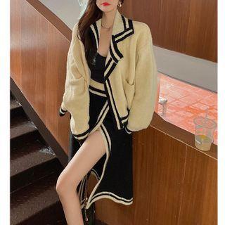 Colorblock Lapel Loose Cardigan / Wrapped Midi Skirt