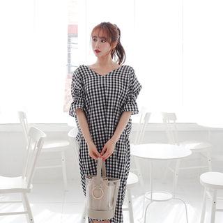 Ruffle-sleeve Twist-back Gingham Dress
