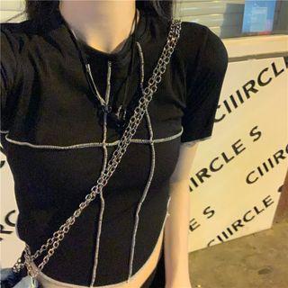 Short-sleeve Paneled Crop T-shirt Black - One Size