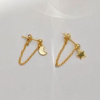925 Sterling Silver Moon & Star Chained Earring 1 Pair - Gold - One Size