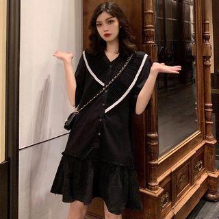 Lace Trim Elbow-sleeve Dress Black - One Size