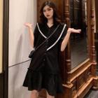 Lace Trim Elbow-sleeve Dress Black - One Size