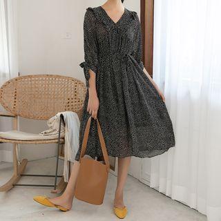 Tie-cuff Frill-trim Dotted Midi Dress Black - One Size