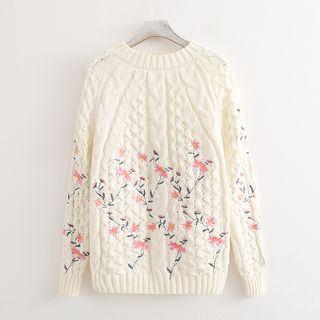 Floral Embroidered Cable-knit Sweater