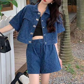 Set: Short-sleeve Patterned Denim Jacket + Shorts