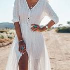 Elbow-sleeve Eyelet Lace Midi A-line Dress