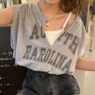 Sleeveless Mock Two-piece Lettering Top