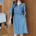 Zip Detail Drawstring Elbow-sleeve Denim Dress Blue - One Size