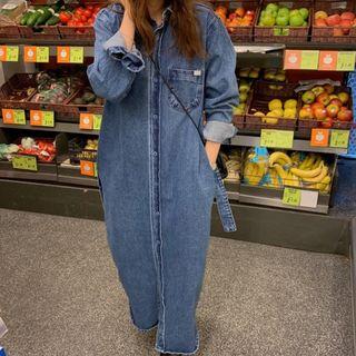 Long-sleeve Buttoned Denim Midi Dress As Shown In Figure - One Size