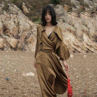 3/4-sleeve Frill-trim Midi Dress