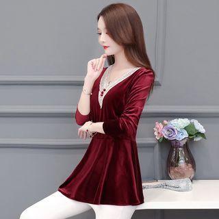 Long-sleeve Lace Trim Velvet Peplum Top