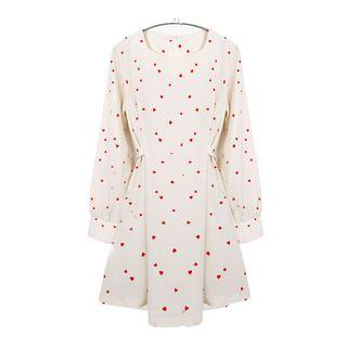 Heart Patterned Long-sleeve Tie-waist Mini A-line Dress